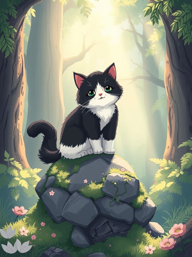 Kawaii Cat in Enchanted Forest, Ghibli Style
