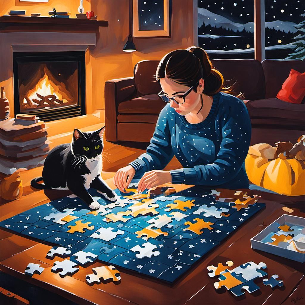 Girl and Cat Do Puzzle: Gouache Painting
