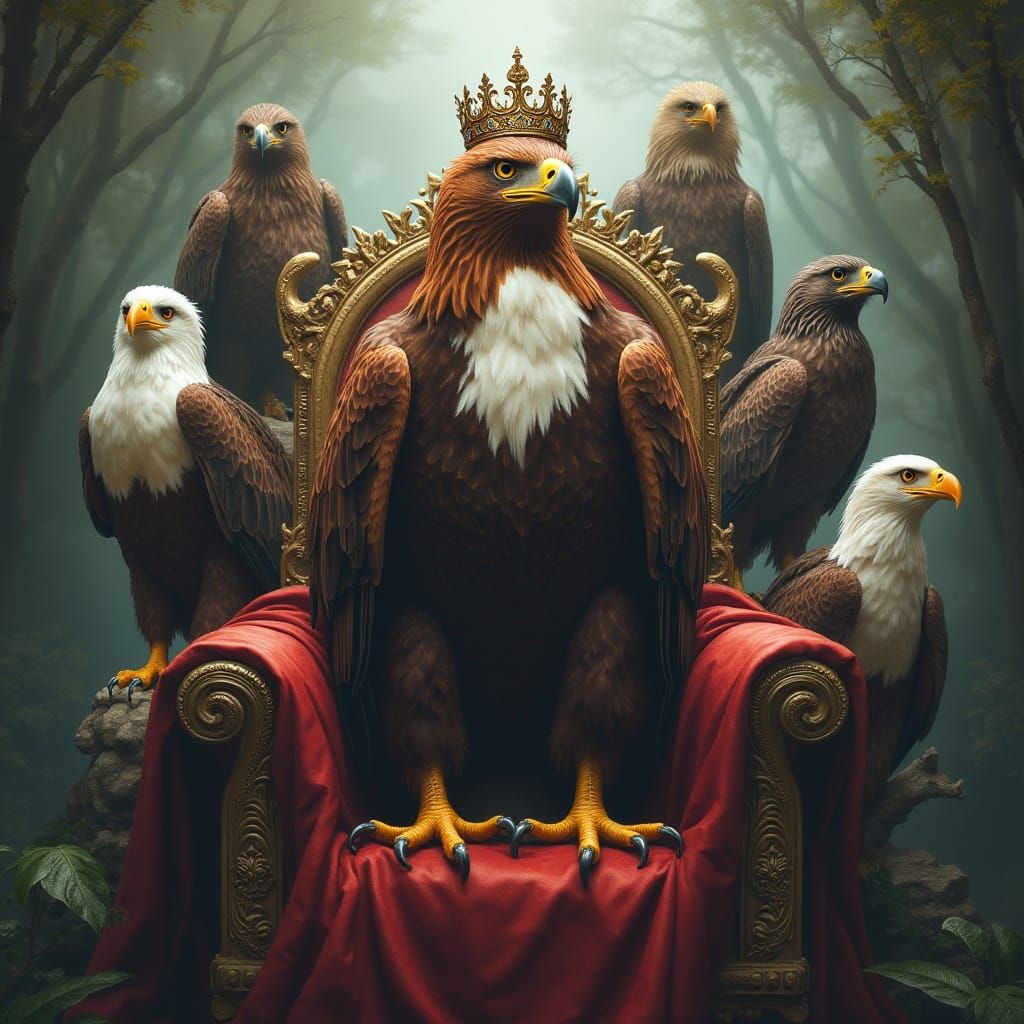 Crowned Haast's Eagle on Throne in Magical Rainforest