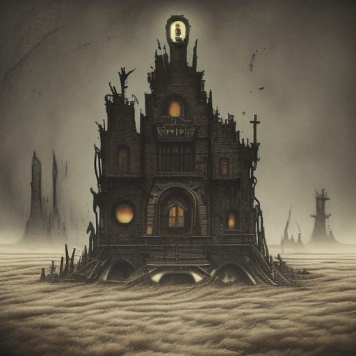 Surreal Industrial Landscape with Sinister Red Aura in Magic...