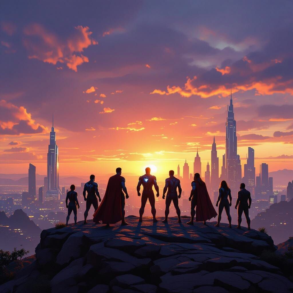 Avengers Assemble: Epic Sunset Over Futuristic City Digital ...
