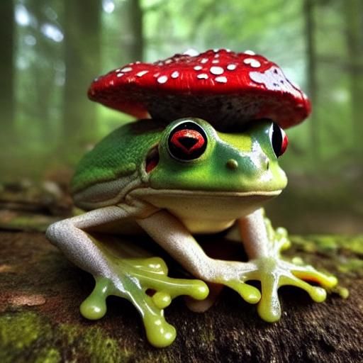 Mycelium Frog in Ancient Forest, Fungi Art