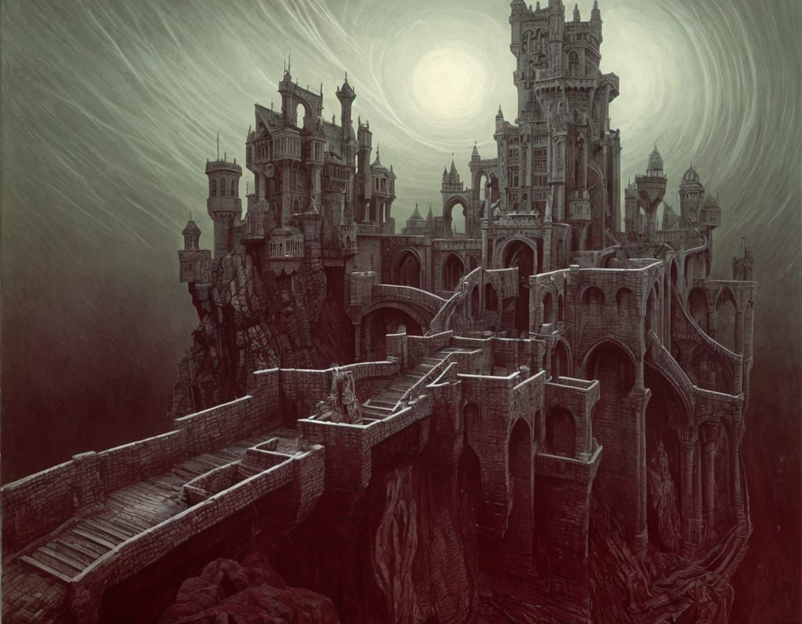 Surreal Castle with Drawbridges in Dreamlike Landscape