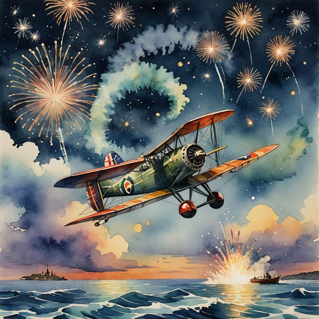 Watercolor Plane Flying Over Ocean with Fireworks