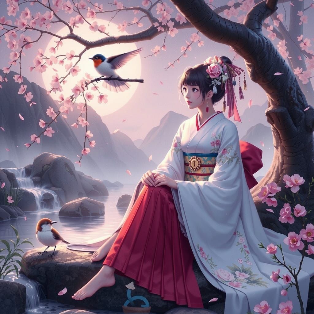Serenity in Heian Style: Shrine Maiden Amidst Blooming Peach...