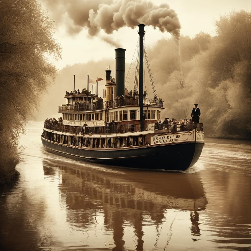 Victorian Paddle Steamer on River in Watercolor Style