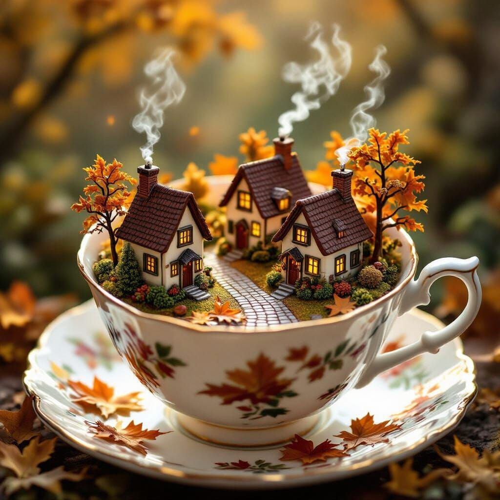 Whimsical Autumn Village Inside a Teacup