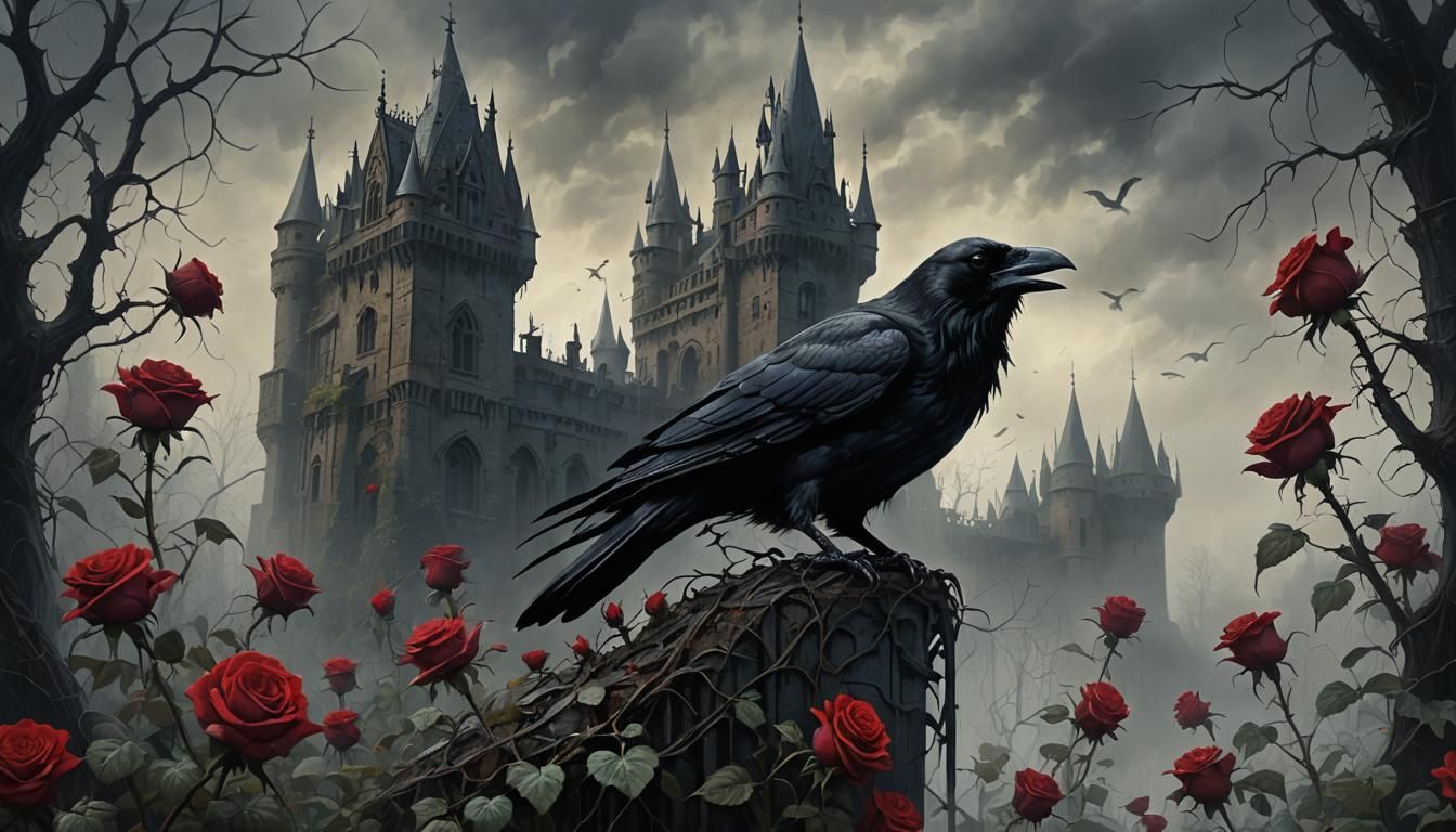 Gothic Raven Castle in Foggy Dark Fantasy