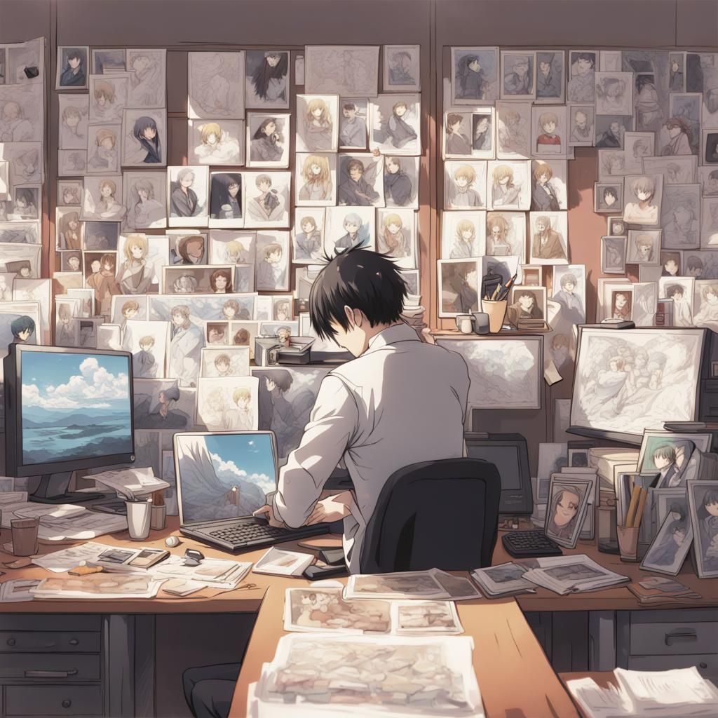Person Selecting Photos in Anime Style