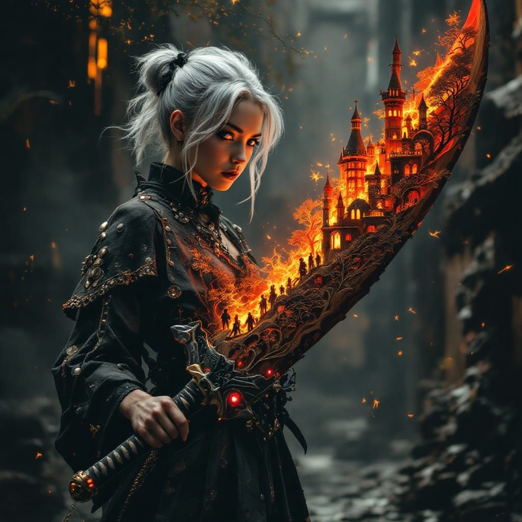 Empowered Warrior with Glowing Katana and Magical Wood Sword