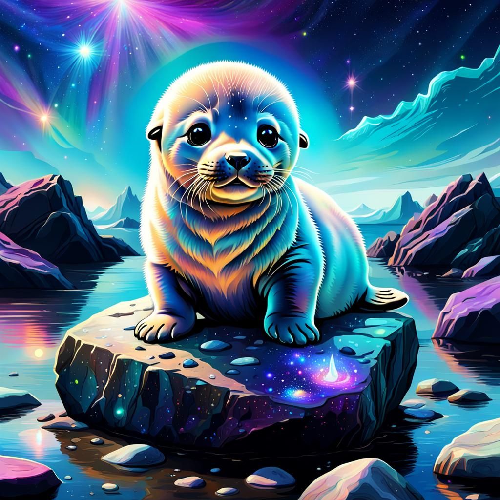 Baby Seal on Rock: Cosmic Holographic Illustration