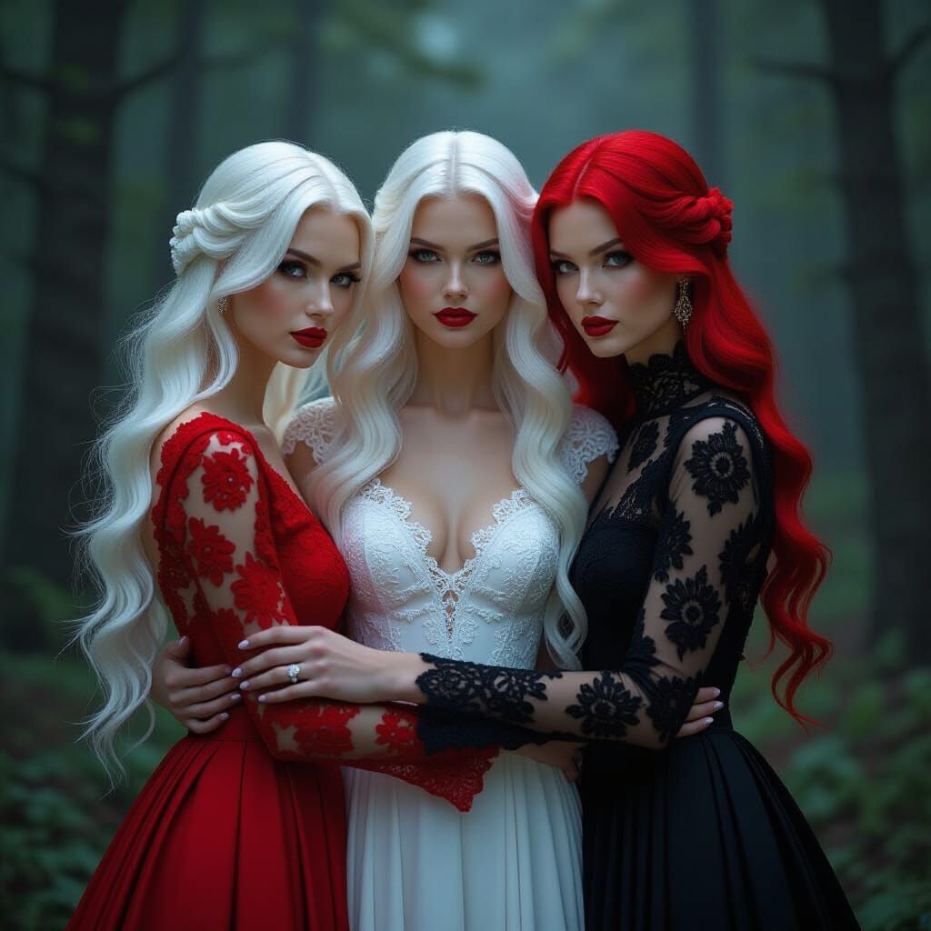 Triadic Women in Misty Forest, Cinematic Photography