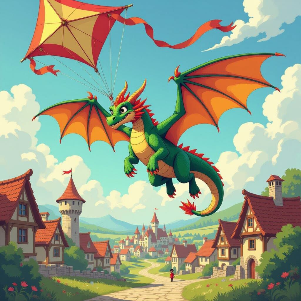 Dragon's Comical Landing Mishap with Giant Kite