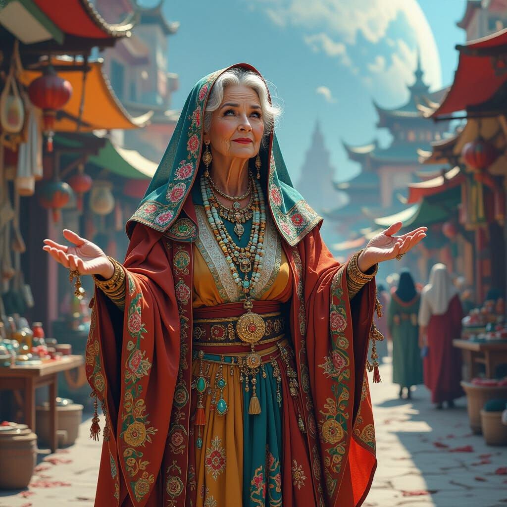 Elderly Woman Presides Over Alien Market, Digital Painting S...