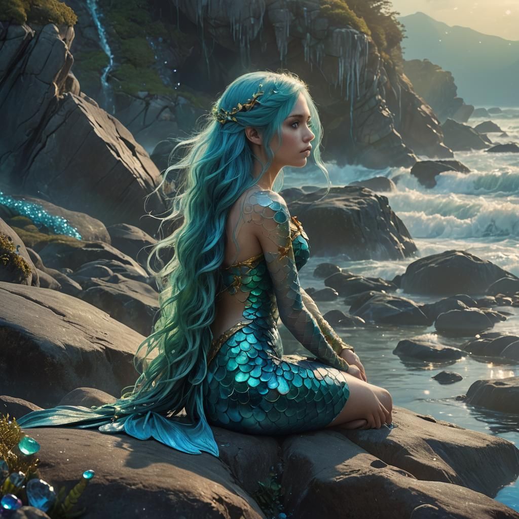 Ethereal Mermaid with Blue Crystals: Digital Matte Painting