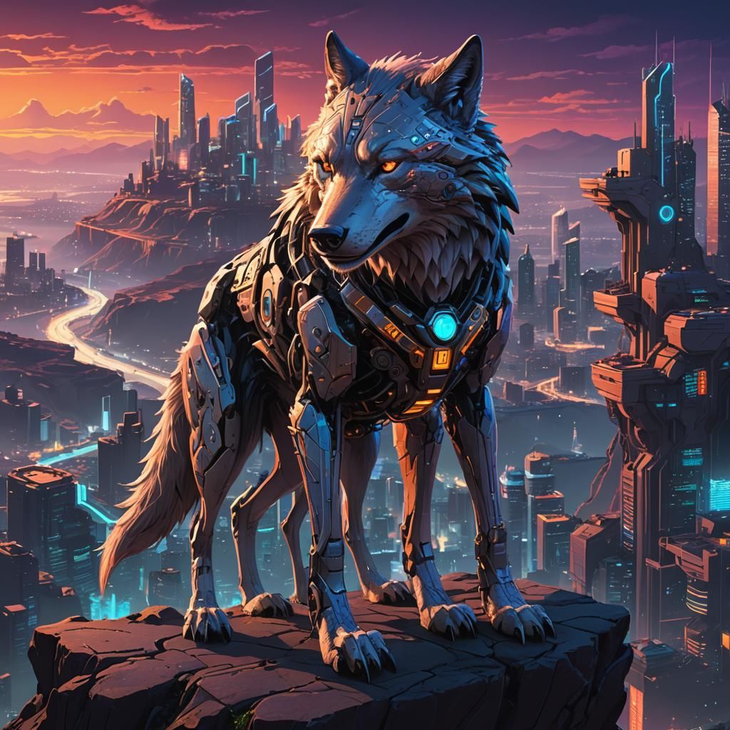 Cybernetic Wolf Overlooking Neon Cityscape