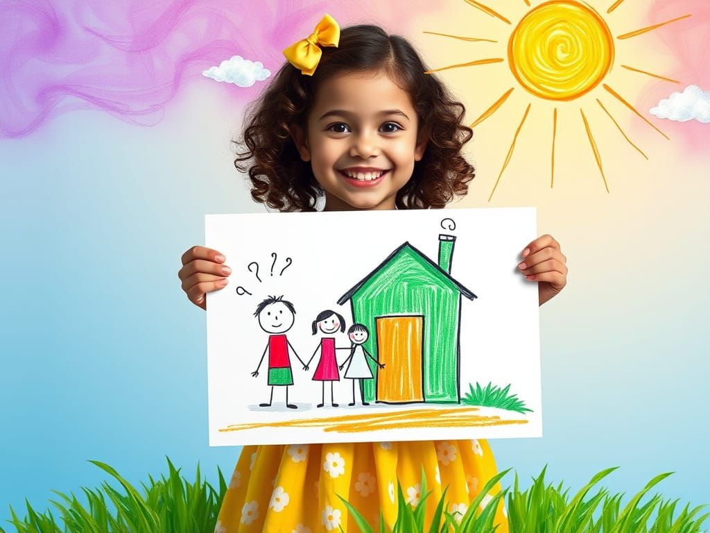 Girl Proudly Displays Crayon Family Portrait