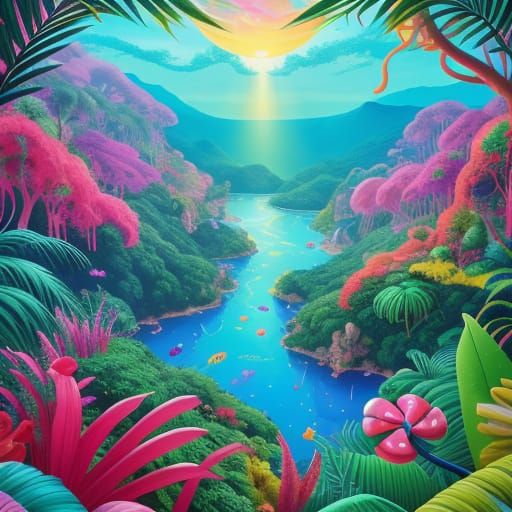 Candy Art Jungle Overlooking Ocean at Dawn