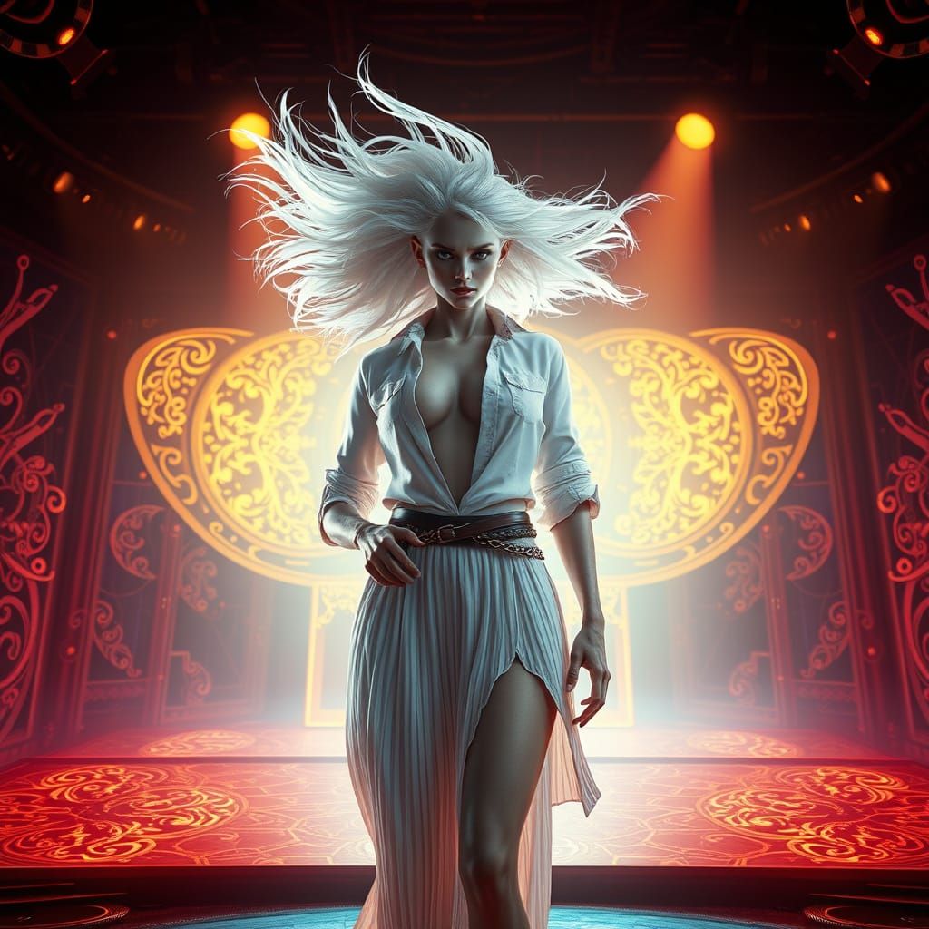 Alien Queen on Neon Stage in Art Nouveau Style