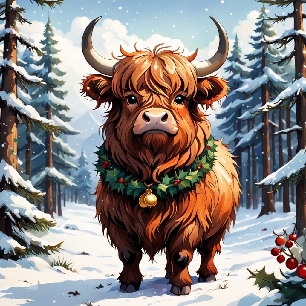 Chibi Highland Cow in Winter Wonderland