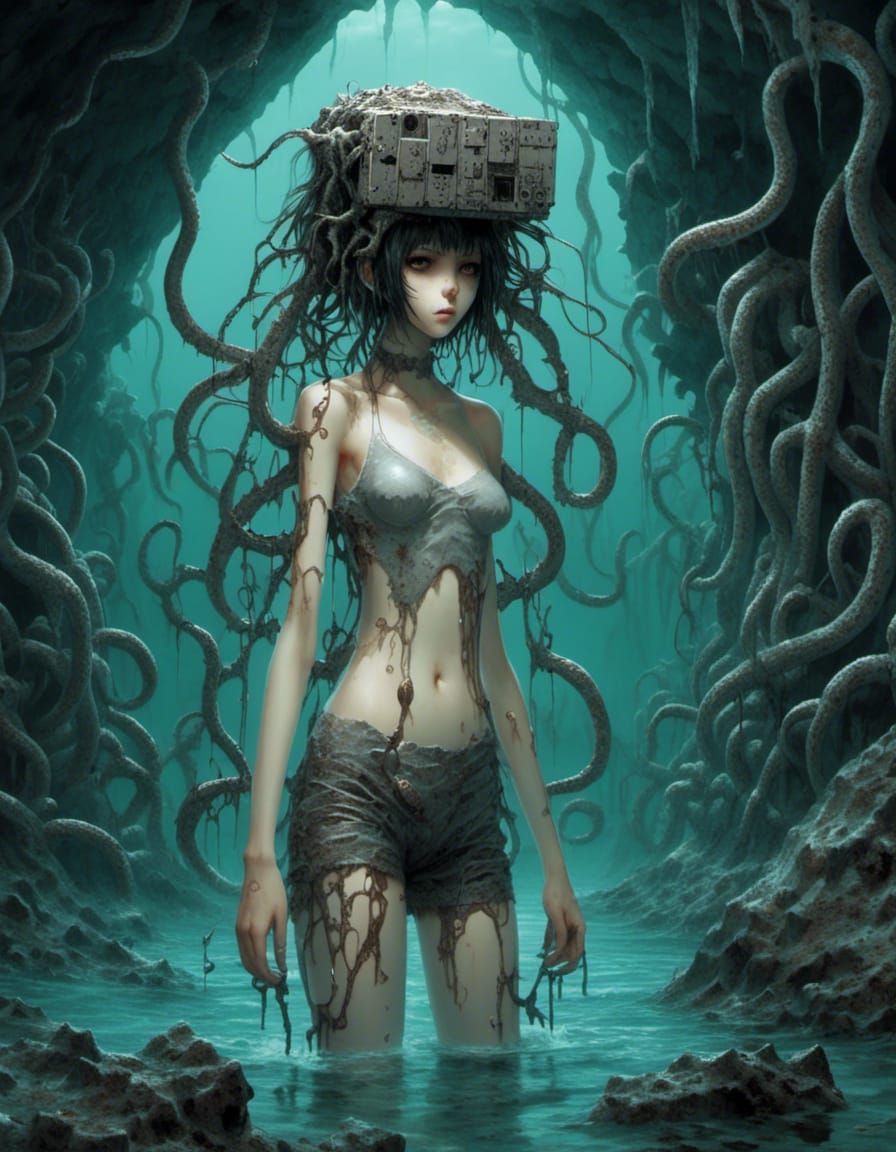 Eldritch Tentacle Girl in Water Cave