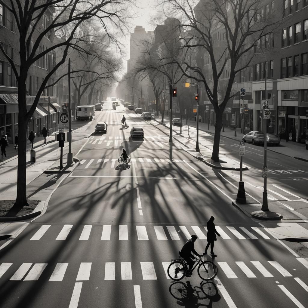 Urban Cyclist in Black and White: City Street Scene