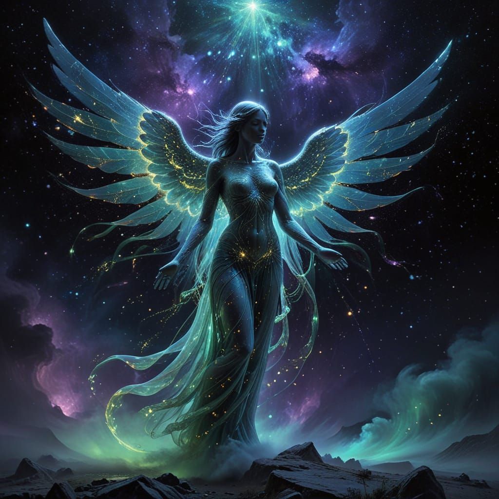 Radiant Angel of Transformation in Cosmic Elegance