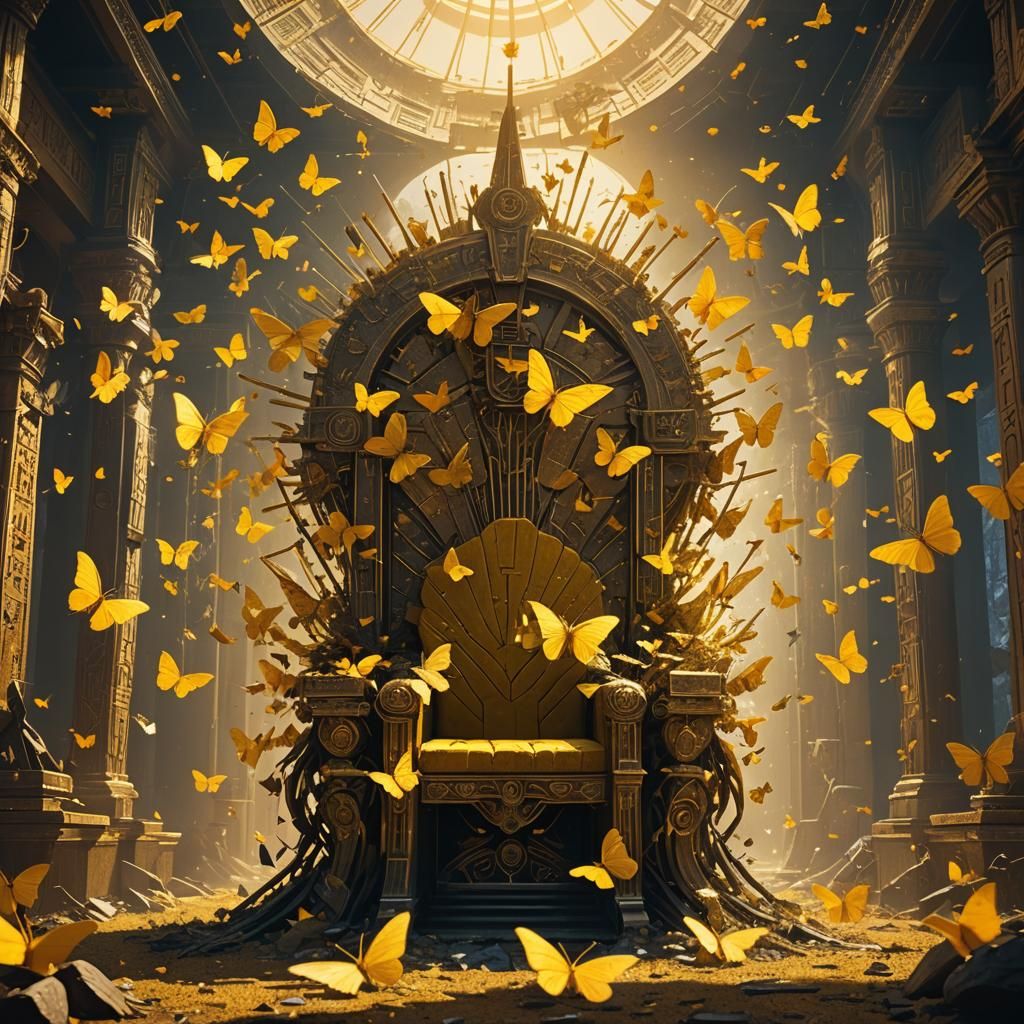 Sun God on Throne with Butterflies, Digital Art