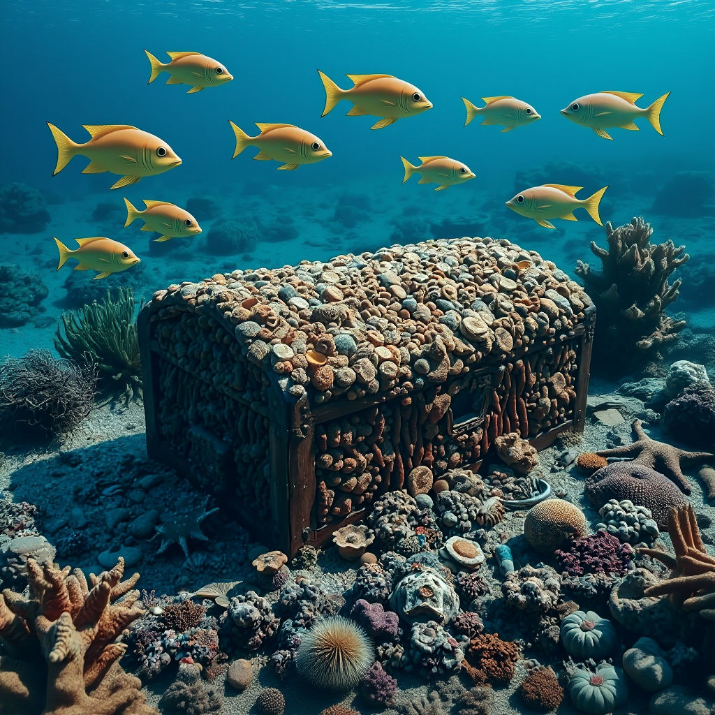 Barnacle Chest on Ocean Floor with Sea Life