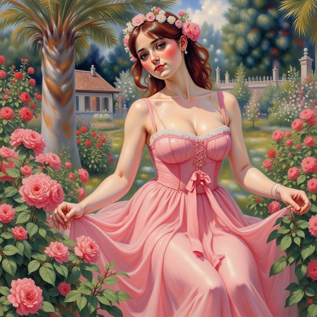 Whimsical Woman in Pastel Garden
