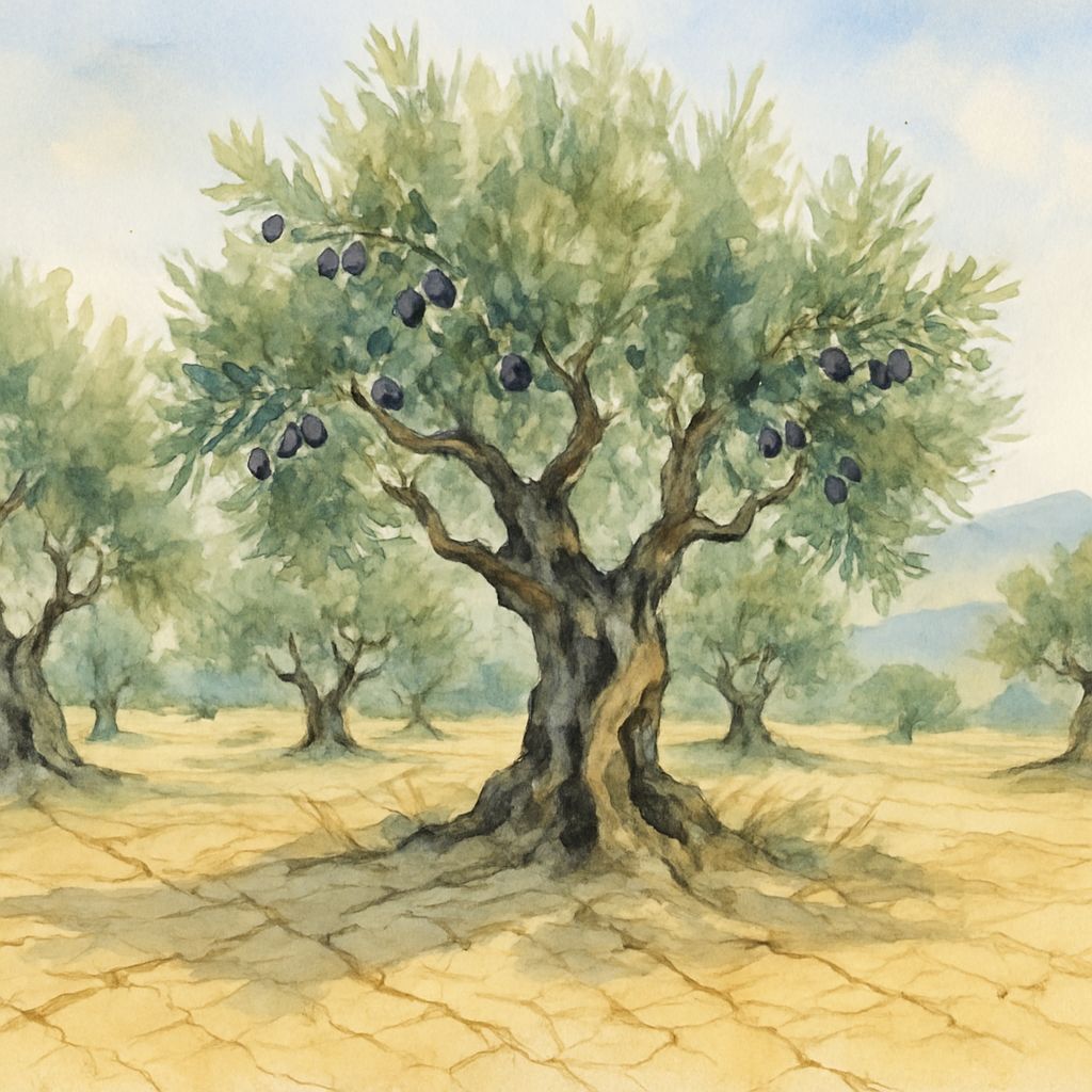 Greek Olive Grove in Watercolor Sketch Style
