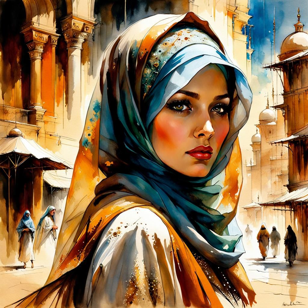 Beautiful Woman in Hijab, Digital Watercolor Illustration