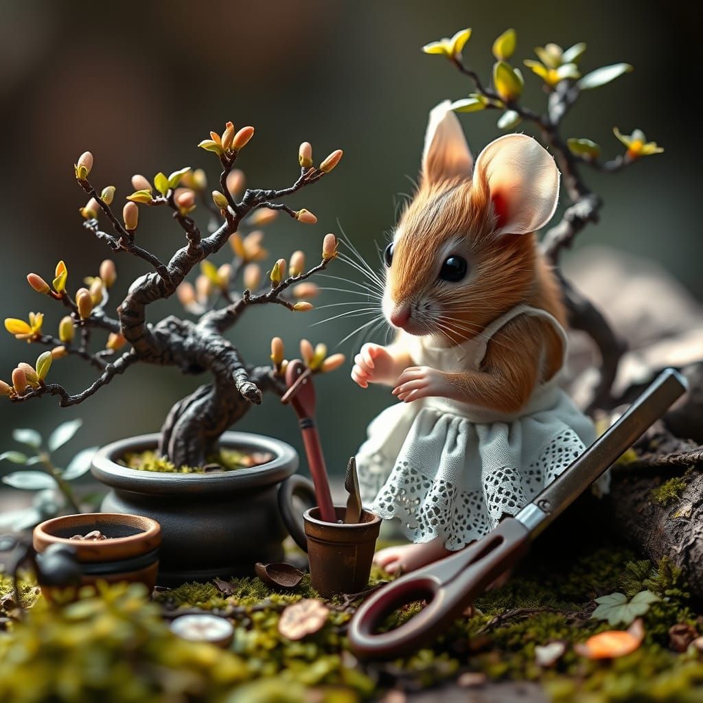 Whimsical Mouse Gardener in a Serene Natural Setting