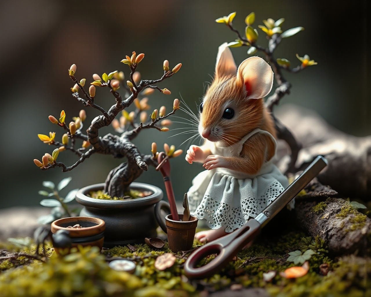 Cute Mouse Pruning Bonsai Trees Hyperrealistically