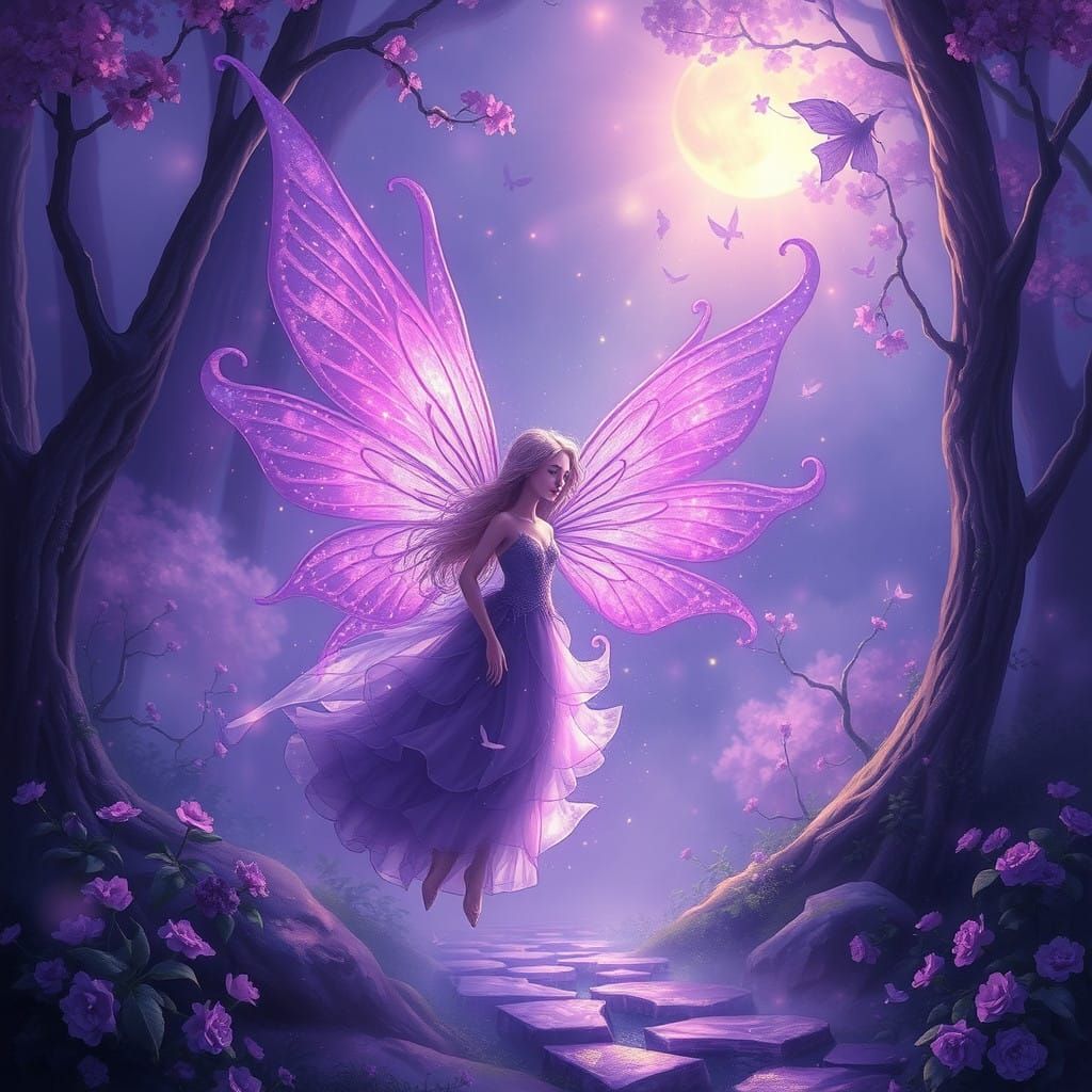 Enchanted Fairy Maiden in Deep Lavender Dreamscape