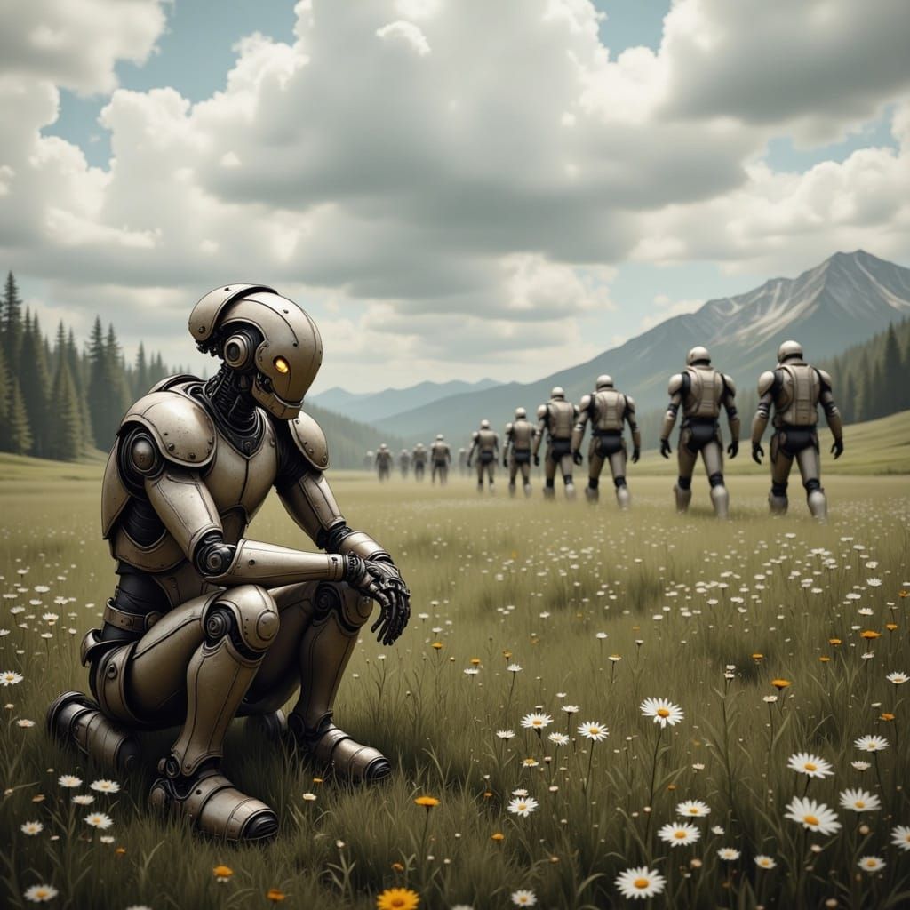 Melancholic Robot Paladin in Overgrown Field