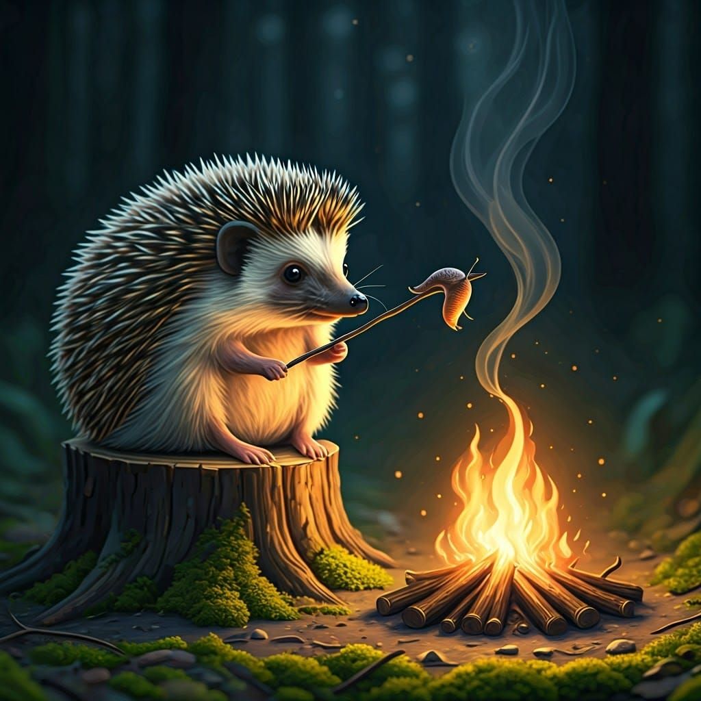 Hedgehog Roasting Slug: Whimsical Camping Scene