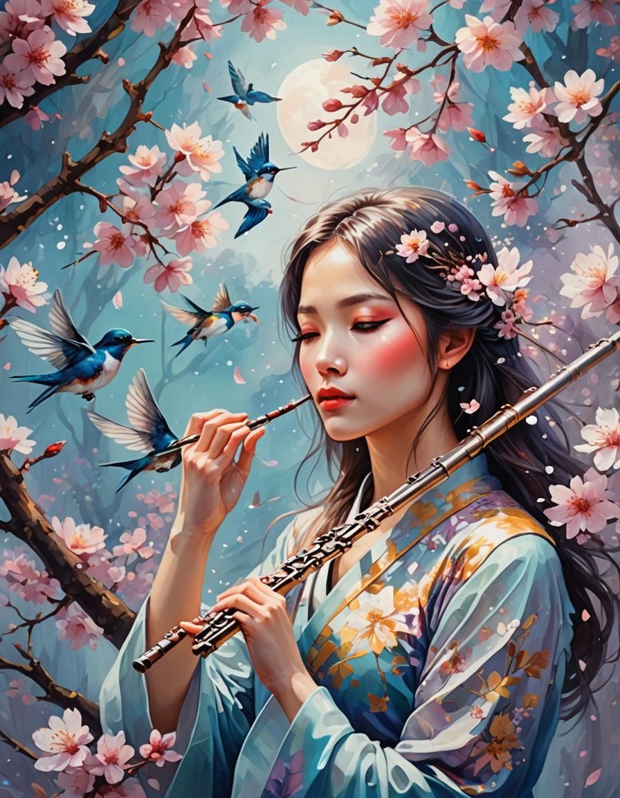 Girl with Flute and Cherry Blossoms in Diamond Painting Styl...