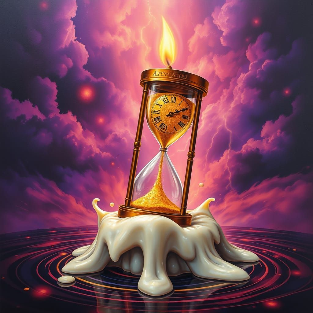 Melting Candle Reveals Broken Clock in Stormy Sky