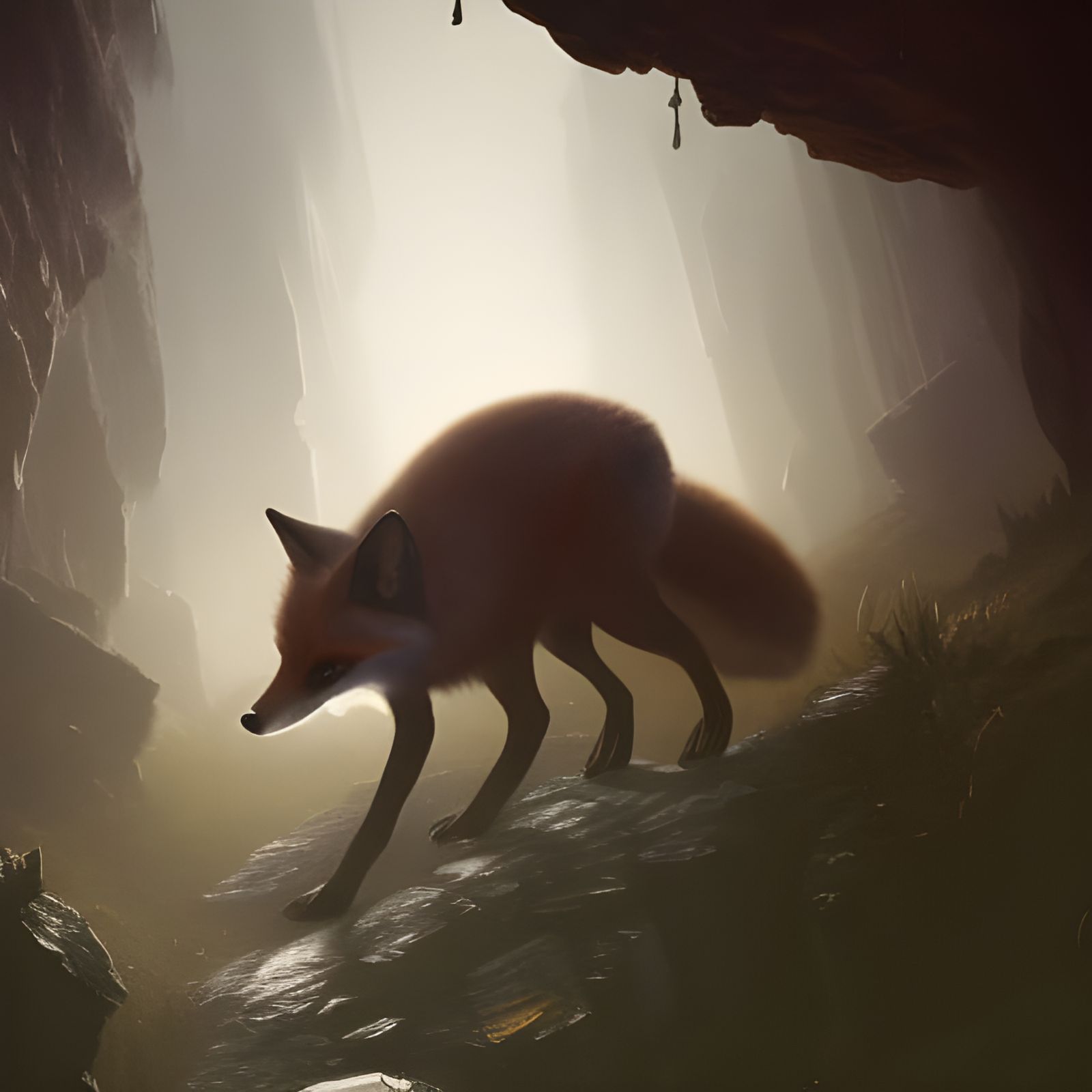 Fox in Cave: Dark Fantasy Concept Art