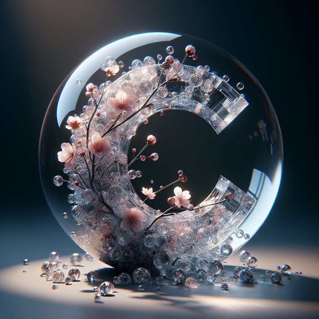 Glass Crystal Letter C with Cherry Blossoms in 3D