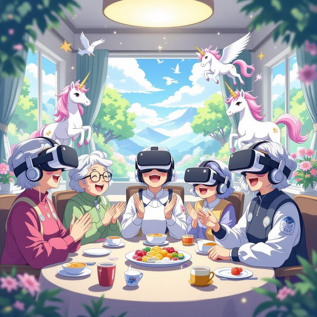 Elderly Anime Gamers in VR, Ghibli-Inspired
