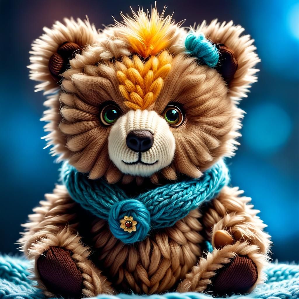 Cute Knitted Teddy Bear with Fluffy Mohawk