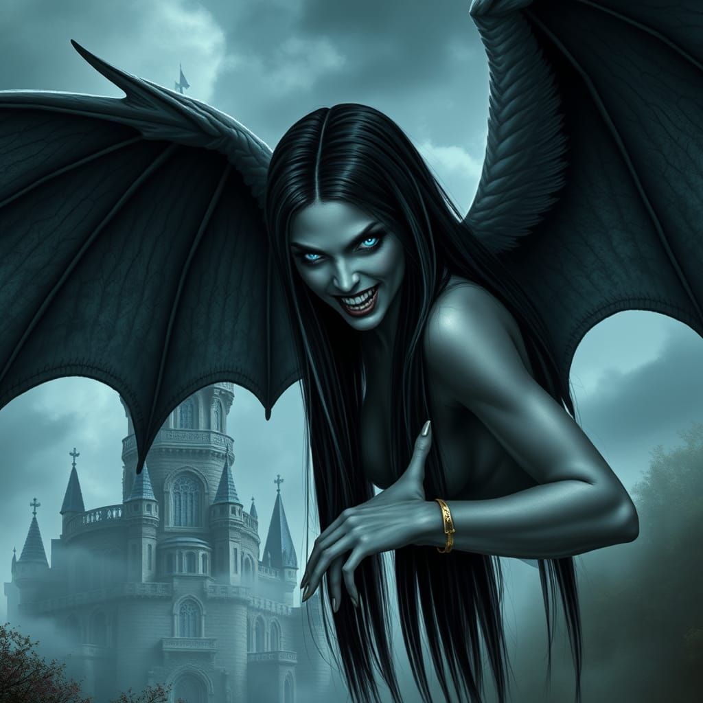 Gothic Vampire Harpy Soaring Above Ancient Castle