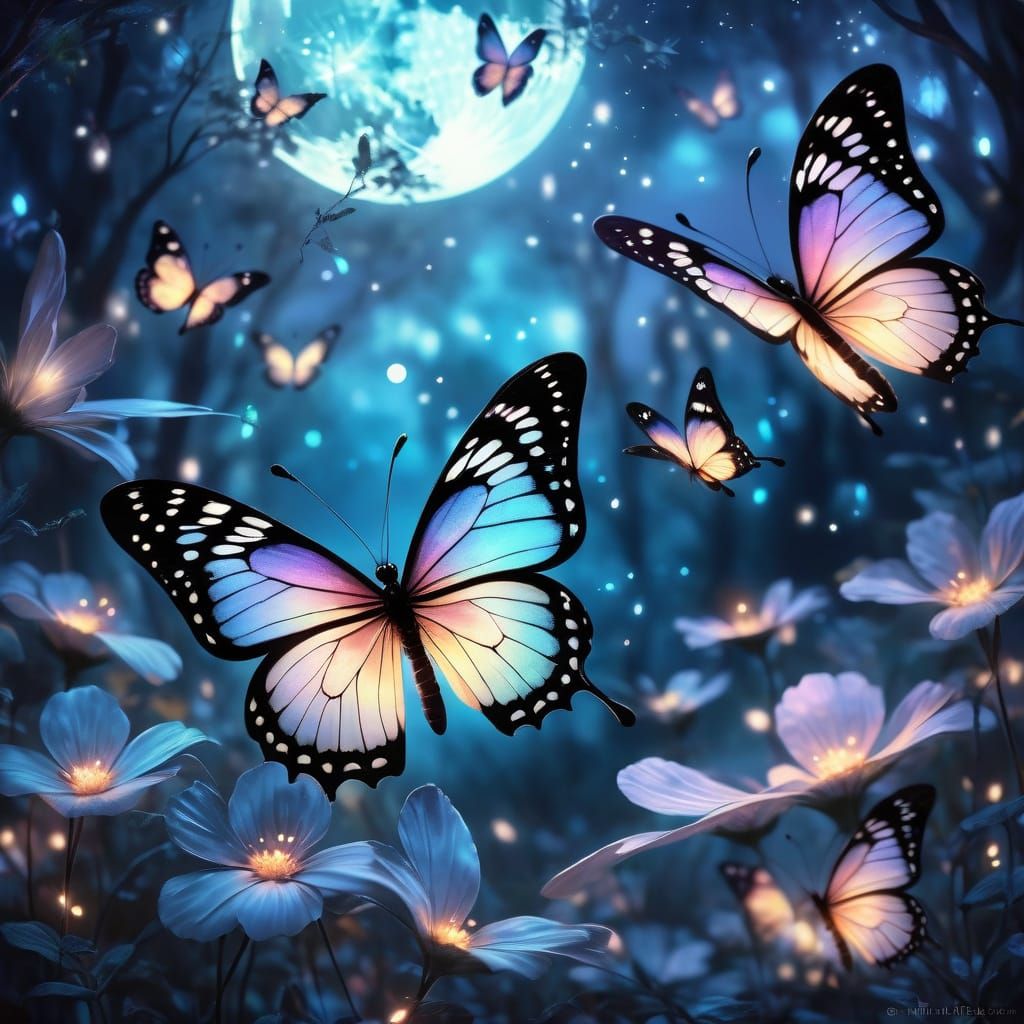 Black Velvet Butterflies Dance in Moonlight: Fantasy Art