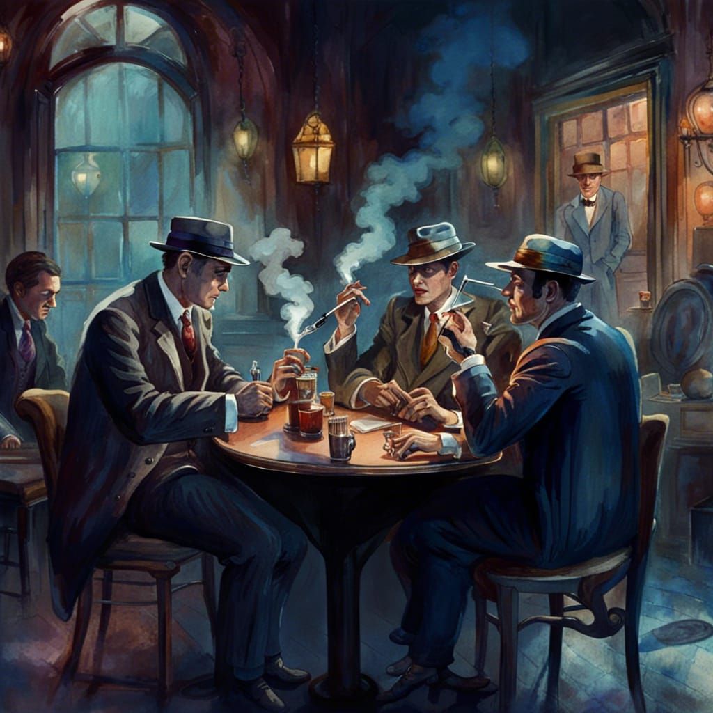 1920s Noir Scene: Men at Table in Watercolor Style