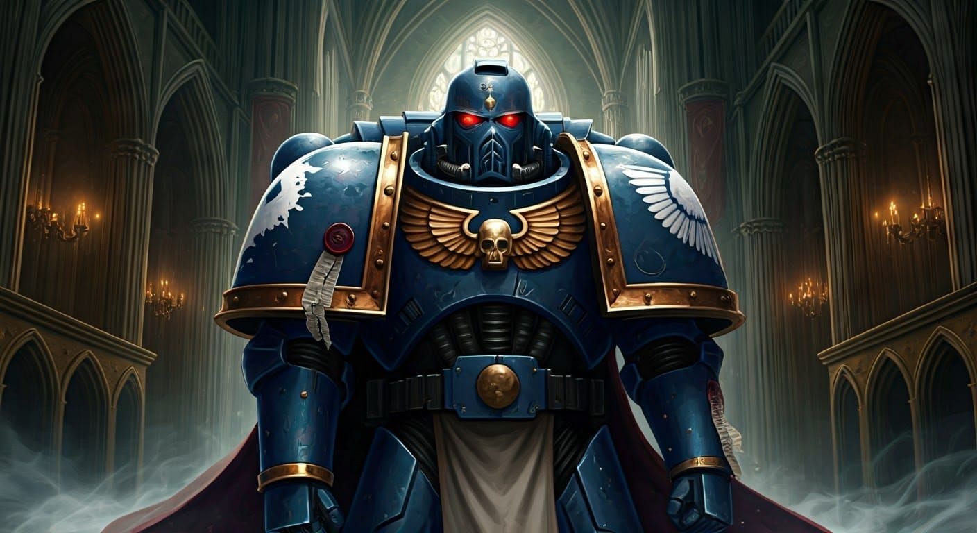 Space Marine Apothecary in Gothic Chamber, Digital Art