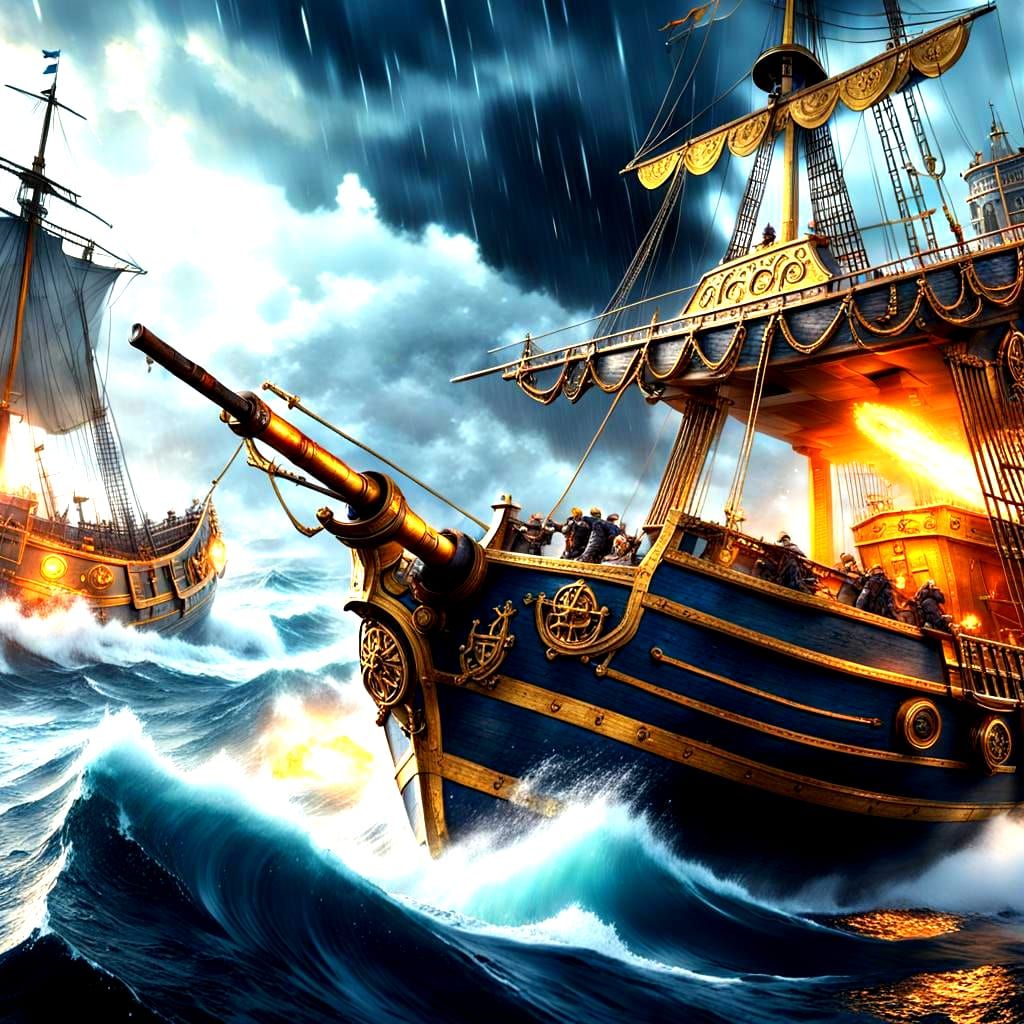 Spanish War Galley Under Fire: Detailed Matte Painting