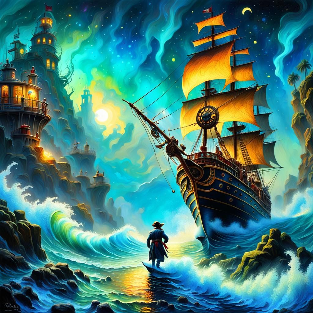 Pirate Ship Navigating Misty Sea in Polychromatic Fantasy