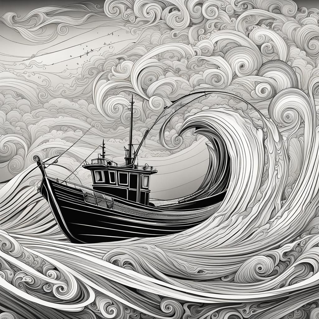 Fishing Boat on Rogue Wave with Abstract Fractal Design